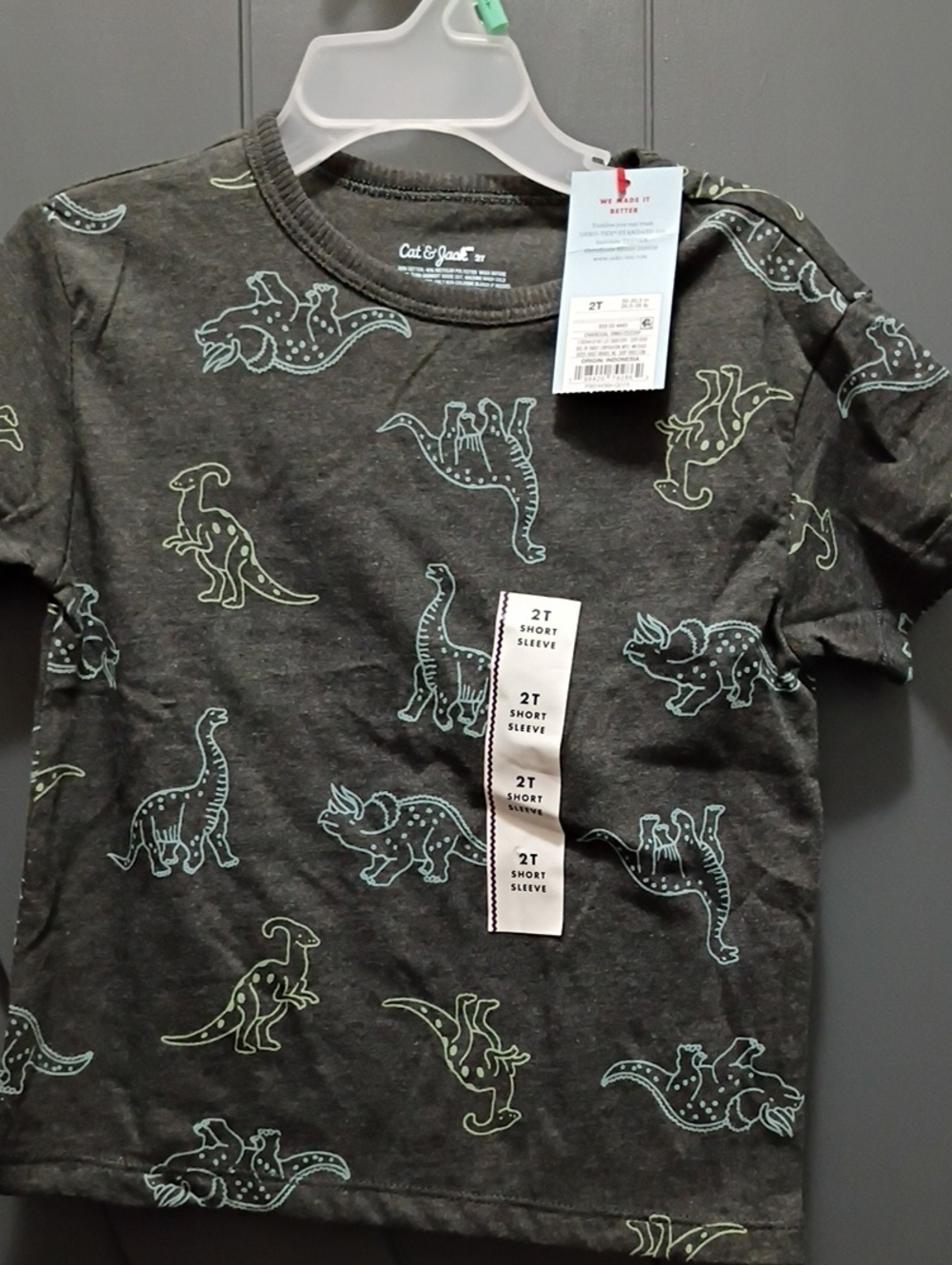 Cat & Jack Dark Gray Short Sleeve Tee with Green & Light Blue Dinosaurs
